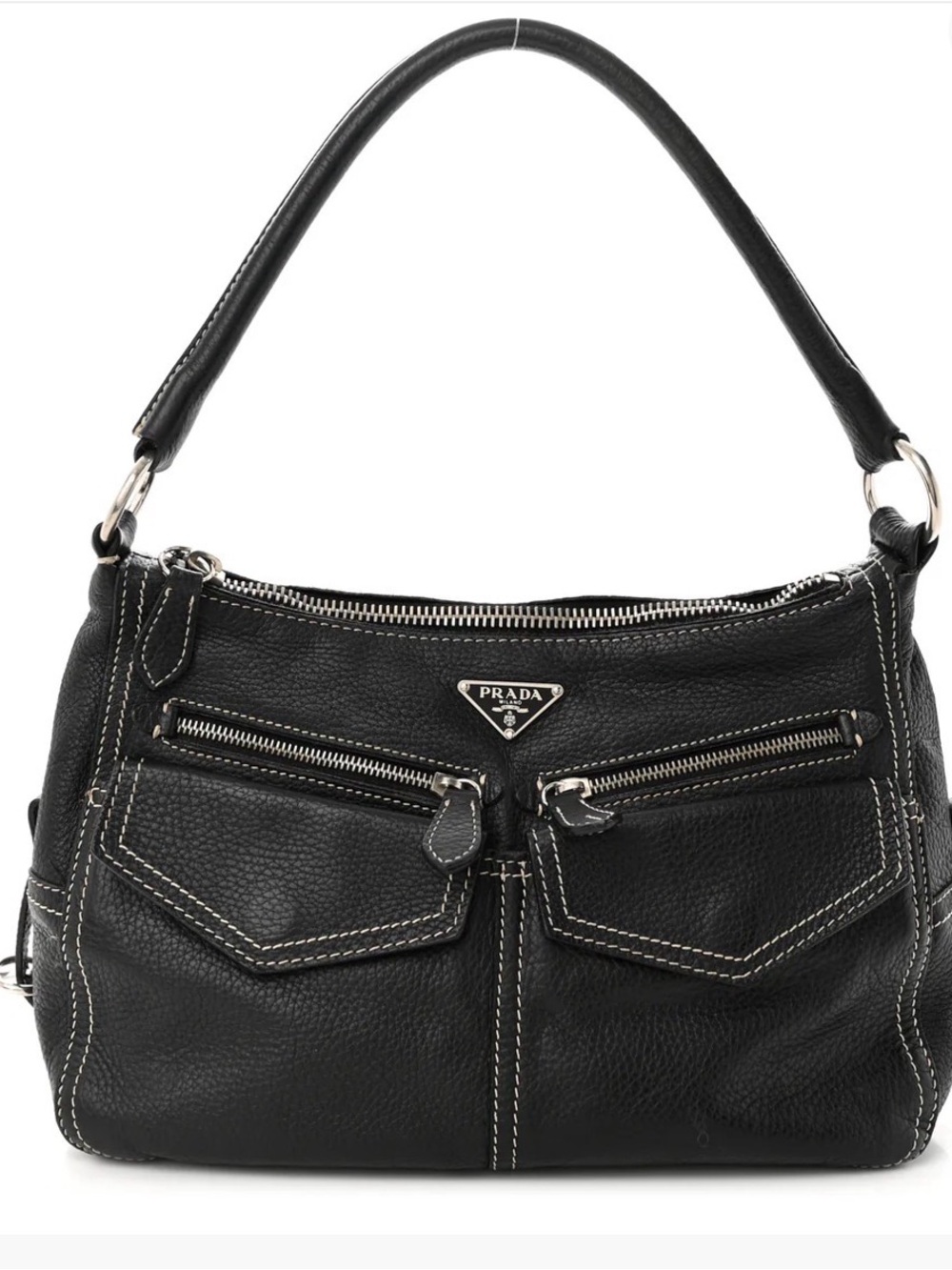 Vintage Prada Vitello Front Pockets Shoulder Bag Black Calfskin Leather